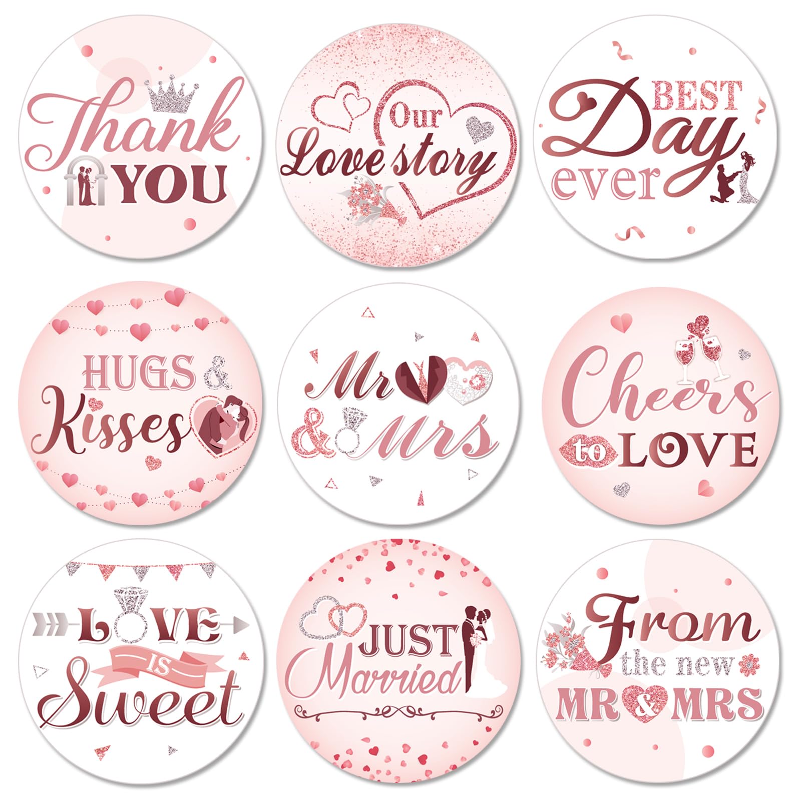 Crtiin 504 Pieces Round Wedding Stickers Pink Wedding Candy Stickers Labels Wedding Chocolate Drop Kisses Sticker Bulk for Envelope Gift Wrapping Mini Decor Bridal Shower Party Supplies