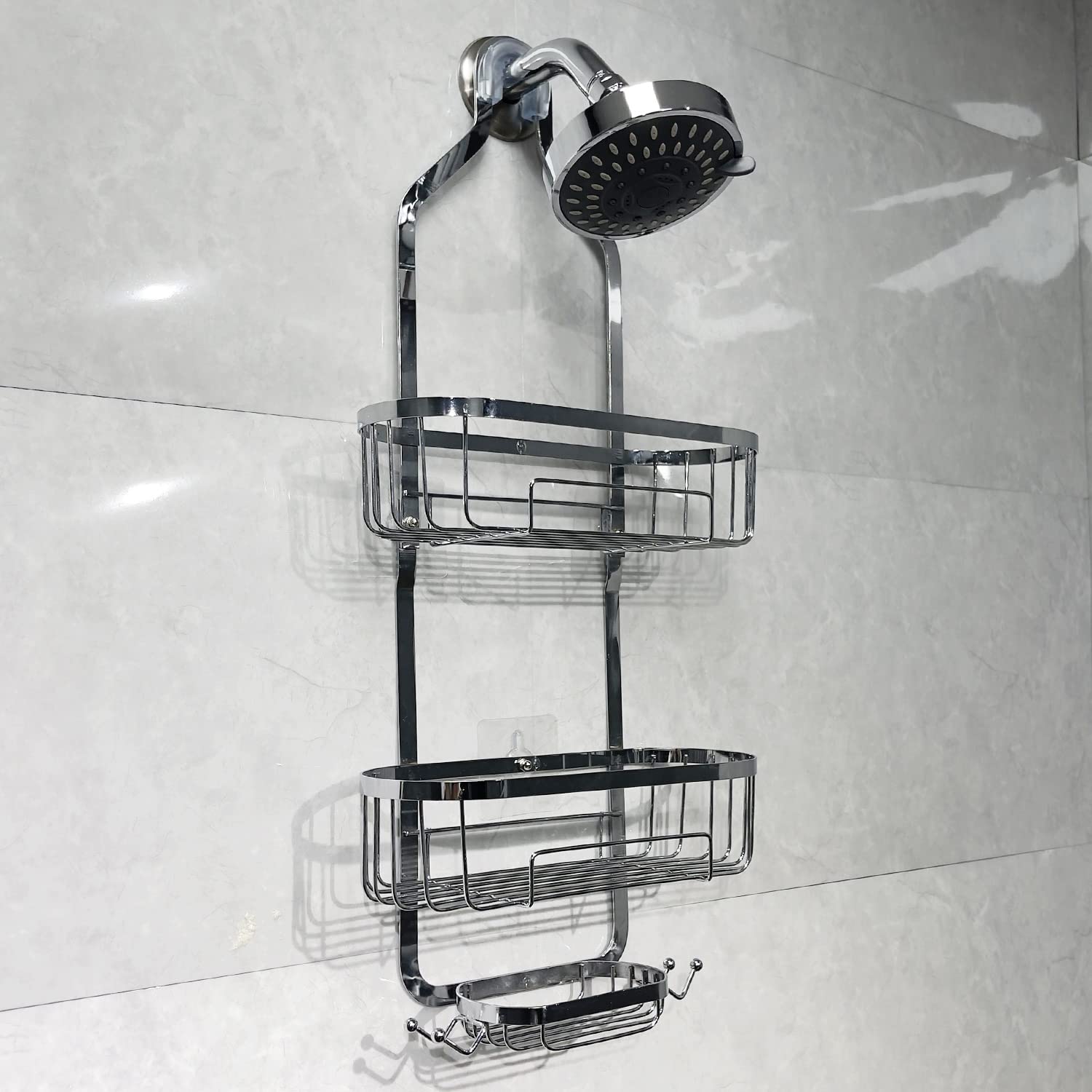 HOPOPRO Hanging Shower Organizer, Over Head Shower Caddy Bathroom Shower Storage Rack Basket with Hooks for Sponge or Towels No Drilling & Rustproof, Chrome