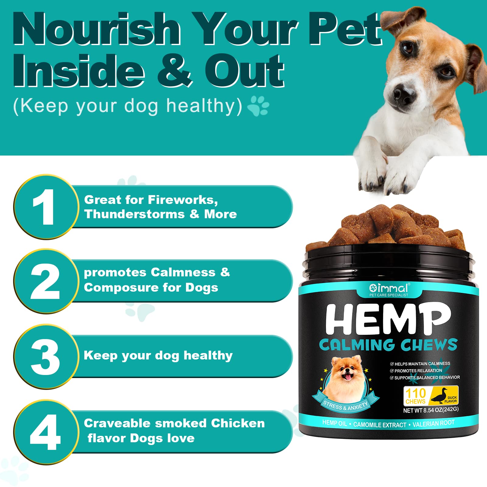 Hemp Calming Chews for Dogs, Calming Treats for Dogs Anxiety Relief 100% Golden Ratio of Natural Ingredients Calming Dog Treats, Calming Aid with Separation, Barking, Thunderstorms (Duck Flavor)