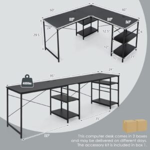 COSTWAY L-Shaped Corner Desk, Convertible Computer Desk with 4-Tier Shelves & 3 Cable Holes, Modern Gaming Writing Workstation, 95 Inch 2-Person Long Computer Desk for Home Office (Black)