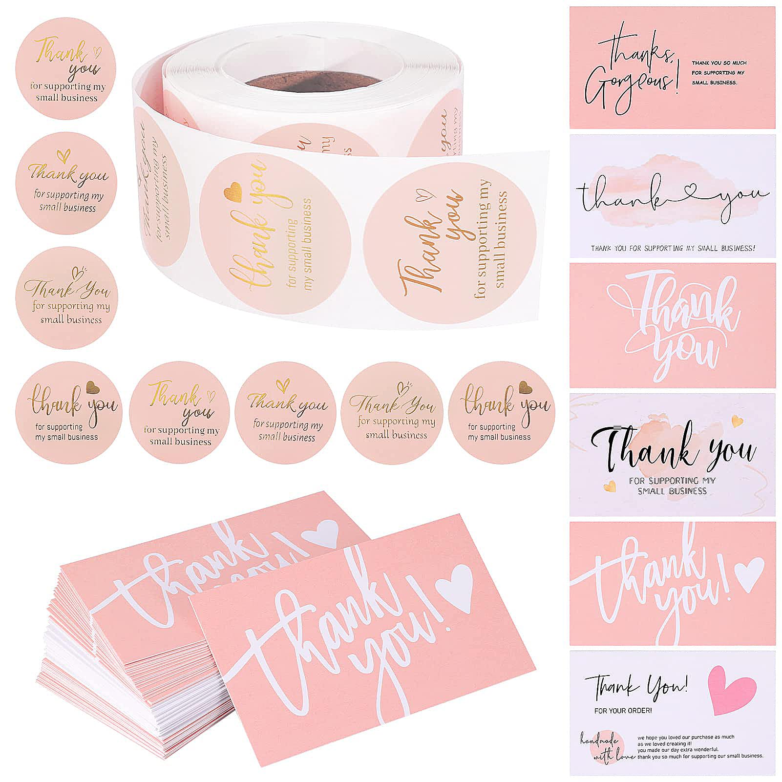 TUCEWP 620Pcs Thank You Cards and Stickers Set, Include 120 Thank You Cards Small Business Bulk 500 Thank You for Your Order Stickers Pink Thank You Stickers for Packaging Envelope Seals Business