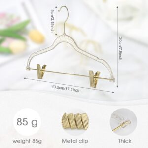 Hoolerry 10 Pcs Clear Hangers with Clips Acrylic Glitter Hangers 17 x 8 Inches Plastic Skirt Pants Hangers with Non Slip Notches Adjustable Clips Coat Hanger for Clothes Skirt Trousers Jeans (Gold)