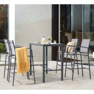 OC Orange-Casual 5-Piece Patio Bar Set, All-Weather Aluminum Textile Fabric Outdoor High Top Dining Table and Chairs, 4 Metal Bar Height Stools with Glass Top Bar Table, for Porch, Garden, Dark Grey