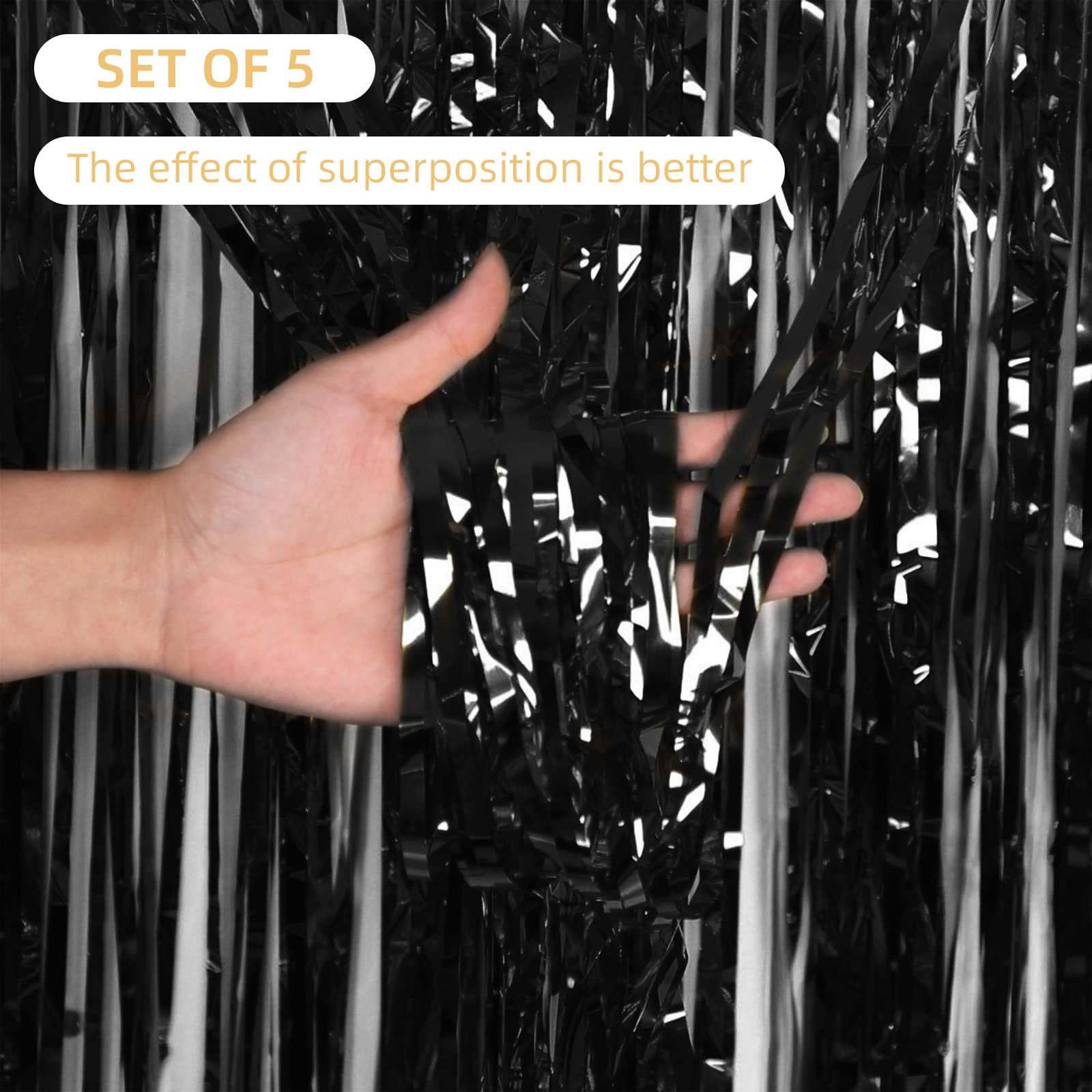 Ohiyoo 5 Pack 3.2ft x 9.8ft Black Foil Fringe Backdrop Curtains Metallic Tinsel Curtain Fringe Backdrop Streamer for Birthday Party Decoration Baby Shower Wedding Halloween Christmas Party Decor