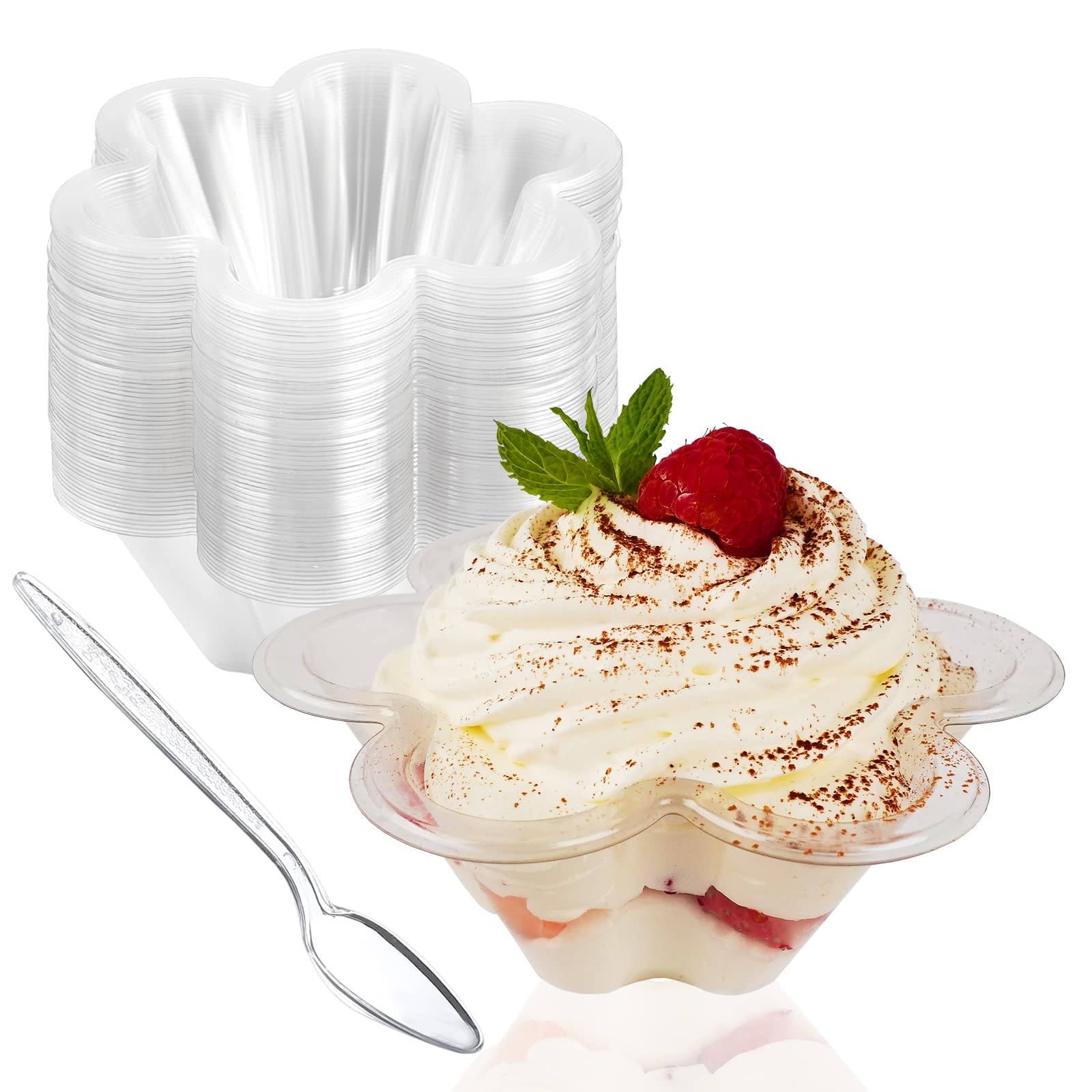 50ct 8oz Clear Plastic Dessert Cups with Spoons, Disposable Flower Shaped Ice Cream Bowls, Party Sundae Serving Bowls for Ice Cream, Nuts and Salad, Trifle Tasters Containers