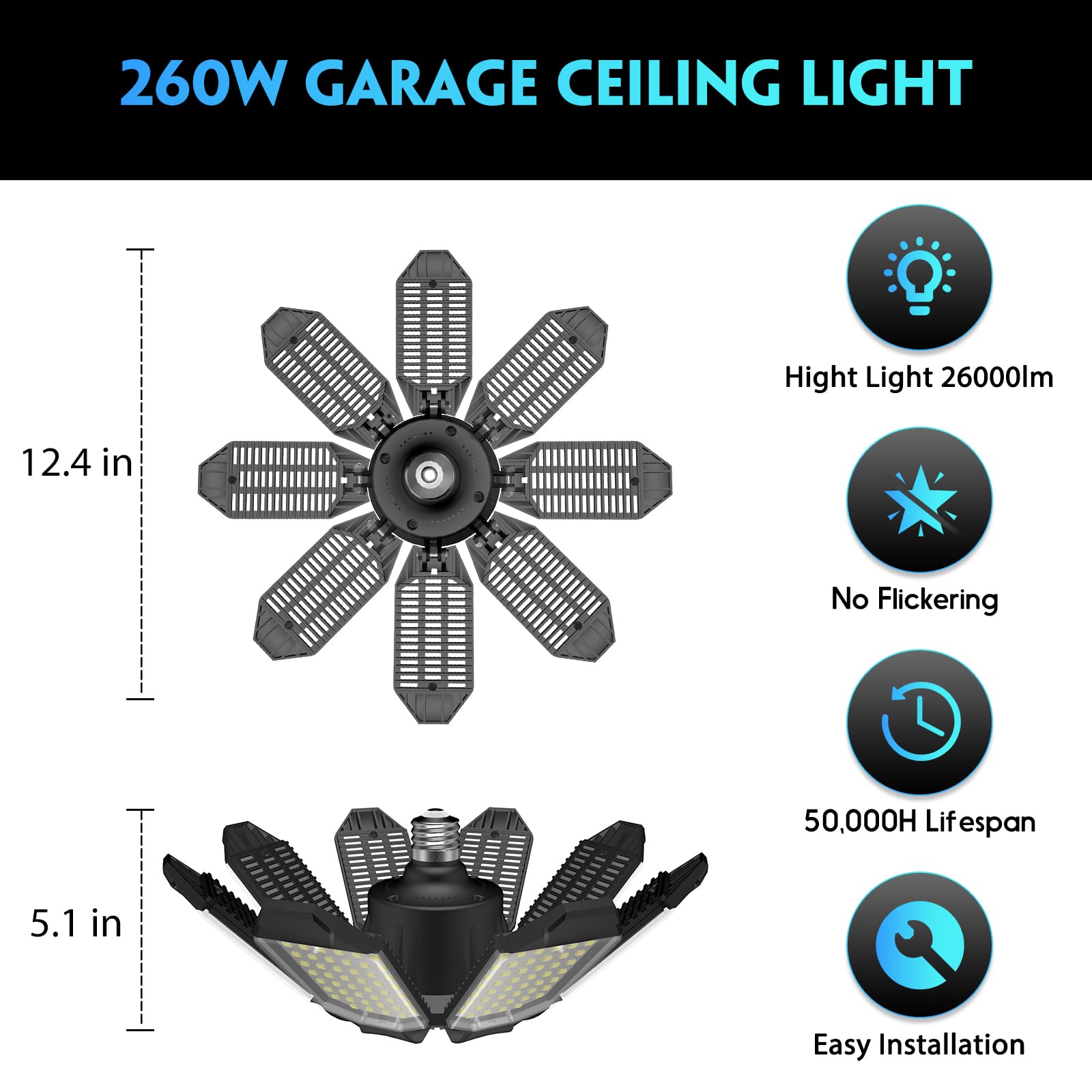 LED Garage Light,260W 26000LM 6500K Deformable LED Garage Ceiling Light with 8+1 Adjustable Panels Commercia Bay Light for E26/E27 Screw Socket,Basement,Barn,Workshop,Attic (1Pack & 8+1Panels)