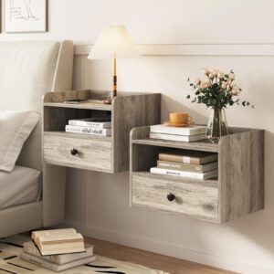 grey floating nightstand set of 2 with charging station and drawer small bedside end table with outlet modern floating night stand for bedroom wood wall mounted nightstands set 2 grey