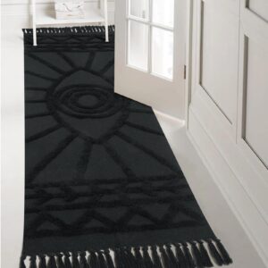 Uphome Hallway Runner Rug 2'x6' Washable Evil Eye Tufted Boho Rug with Tassels Soft Cotton Woven Kitchen Rugs Farmhouse Aesthetic Dark Gray Accent Rug for Living Room Laundry Room Bedroom