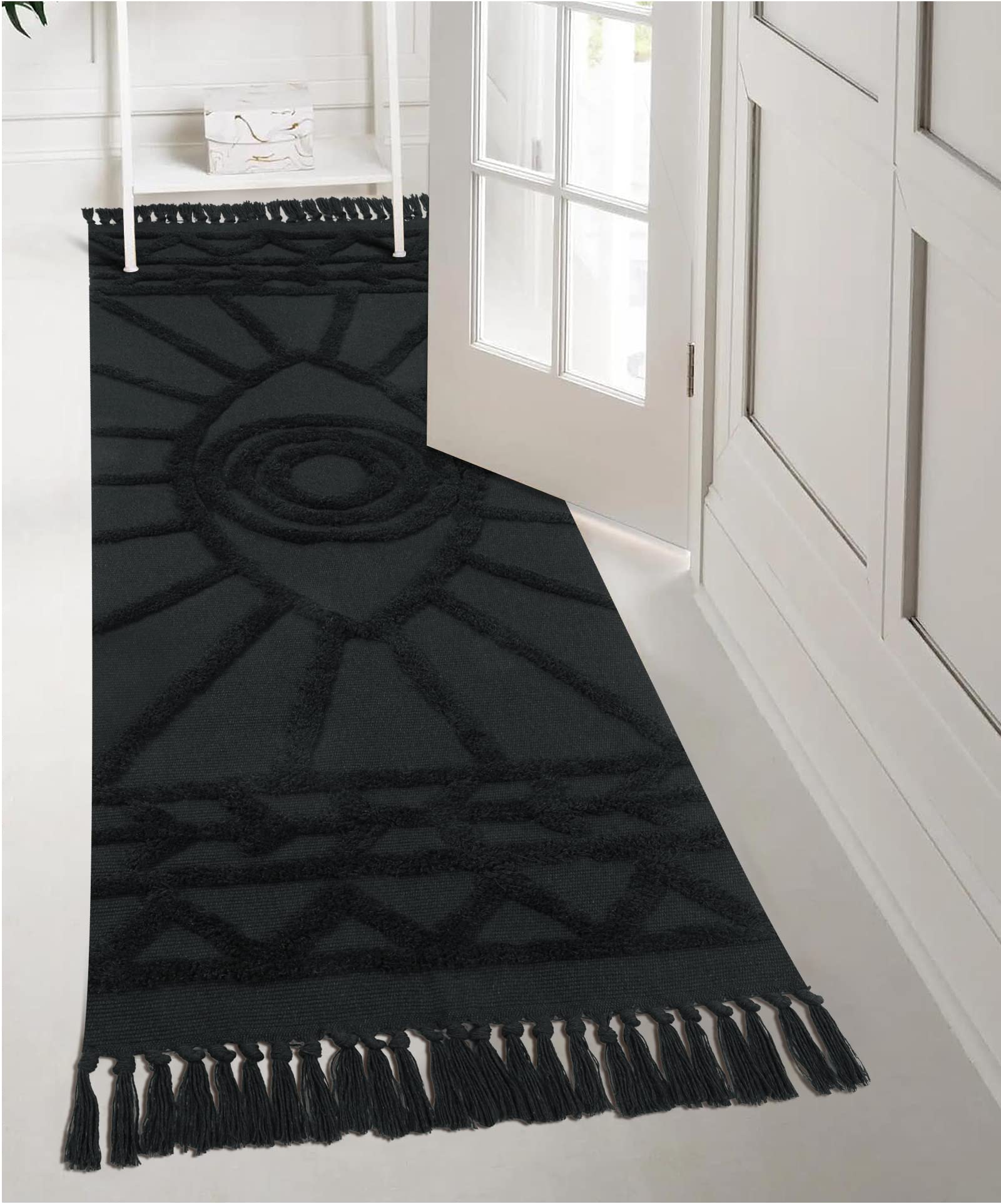 Uphome Hallway Runner Rug 2'x6' Washable Evil Eye Tufted Boho Rug with Tassels Soft Cotton Woven Kitchen Rugs Farmhouse Aesthetic Dark Gray Accent Rug for Living Room Laundry Room Bedroom