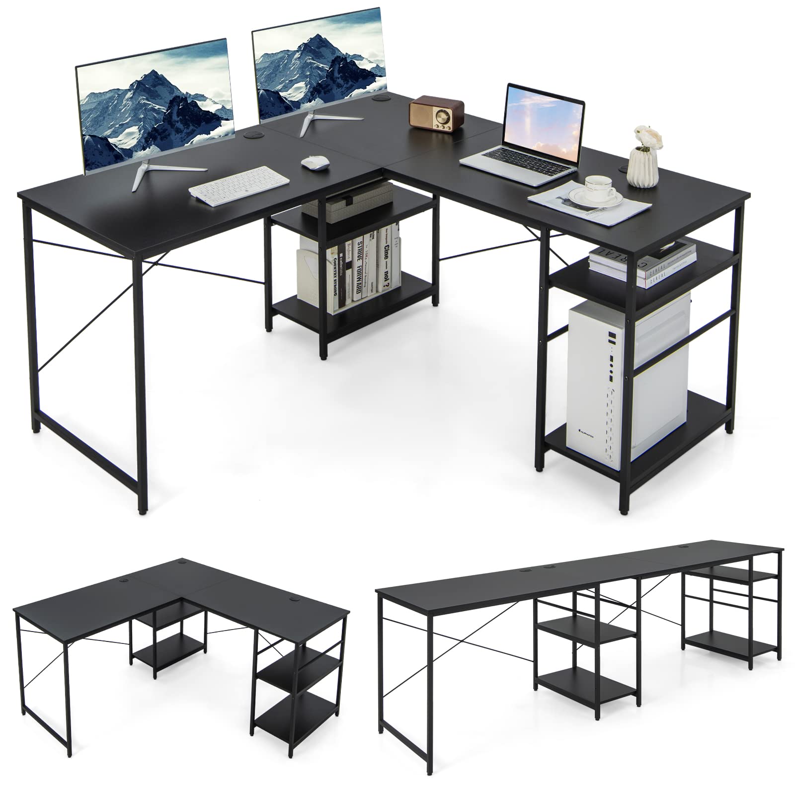 COSTWAY L-Shaped Corner Desk, Convertible Computer Desk with 4-Tier Shelves & 3 Cable Holes, Modern Gaming Writing Workstation, 95 Inch 2-Person Long Computer Desk for Home Office (Black)