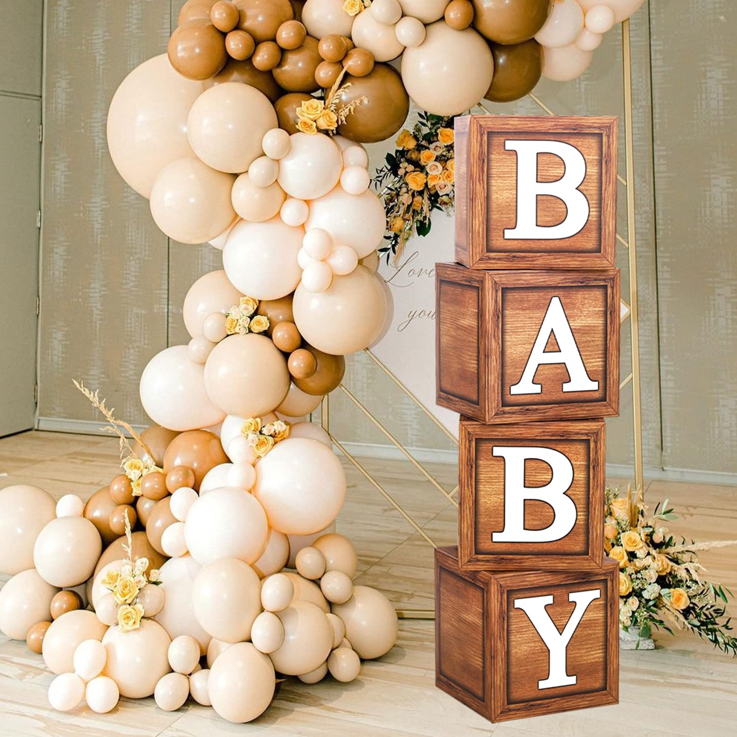 Baby Shower Decorations Baby Boxes with Letters, 4pcs Wood Baby Shower Brown Blocks with Printed BABY Letter, Gender Reveal Decorations, Woodland Baby Shower Girl Boy,Teddy Bear Theme Party