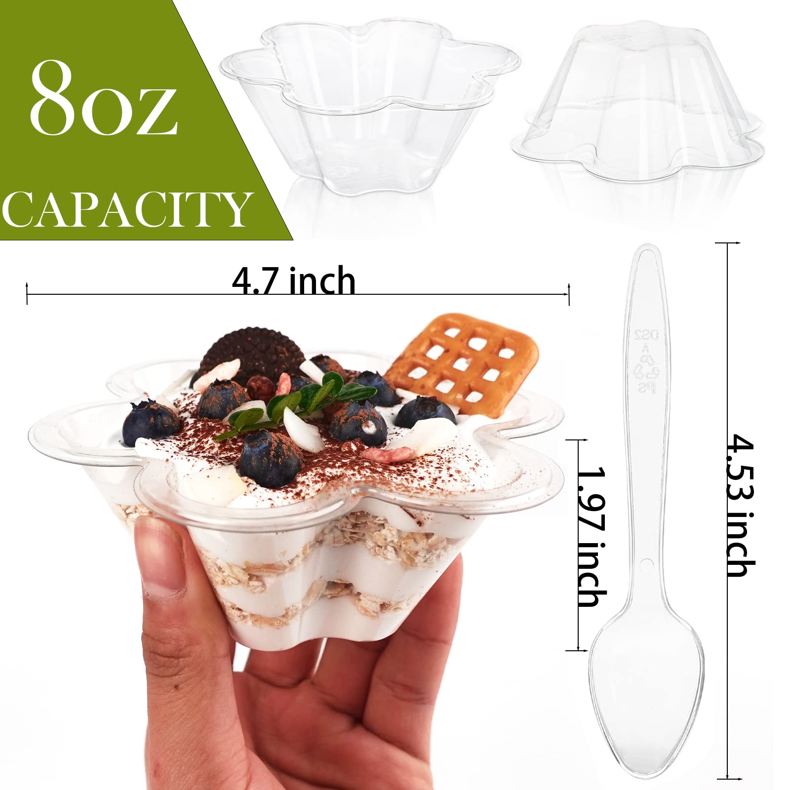 50ct 8oz Clear Plastic Dessert Cups with Spoons, Disposable Flower Shaped Ice Cream Bowls, Party Sundae Serving Bowls for Ice Cream, Nuts and Salad, Trifle Tasters Containers