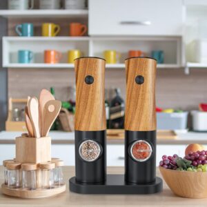 Electric Salt and Pepper Grinder Set - Salt and Pepper Shakers Set Automatic Battery Powered Salt Grinder with Auto Light Adjustable For Gravity Operated Black and Wood Pepper Mill