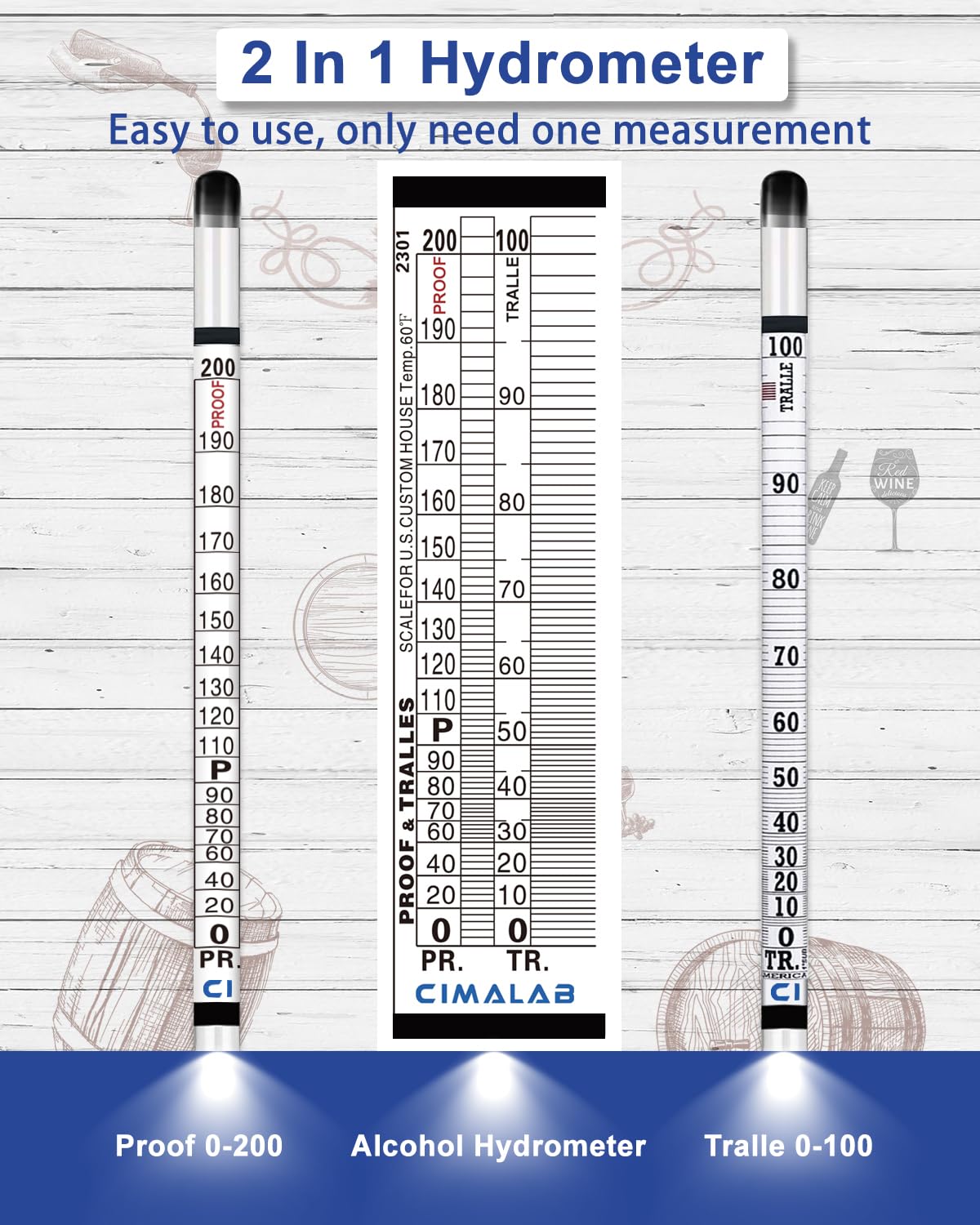 Cimalab Hydrometer Alcohol Meter Kit, Hydrometer Alcohol 0-200 Proof & Tralle with Hydrometer Test Jar, Alcohol Proof Tester Hydrometer, Alcohol Tester for Liquor/Moonshine/Spirits/Proofing/Distilled