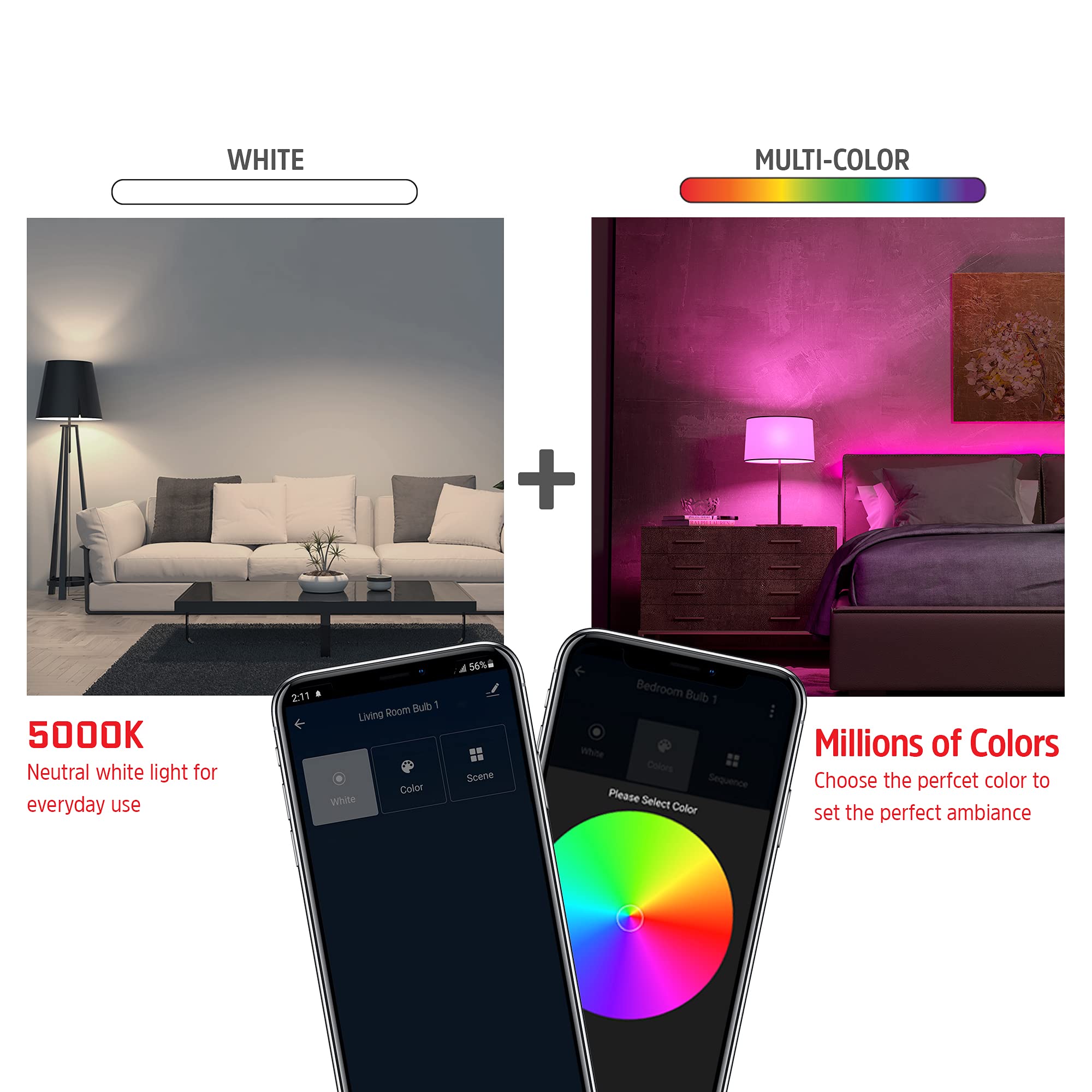 Energizer Connect Smart A19 LED White & Multi-Color RGB Light Bulbs with Voice Control and Remote Access Through Your Smartphone | Compatible with Alexa and Google Assistant, 2 Pack