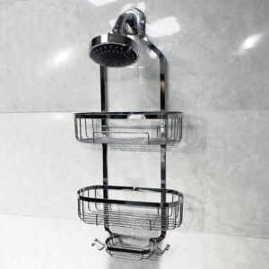 HOPOPRO Hanging Shower Organizer, Over Head Shower Caddy Bathroom Shower Storage Rack Basket with Hooks for Sponge or Towels No Drilling & Rustproof, Chrome