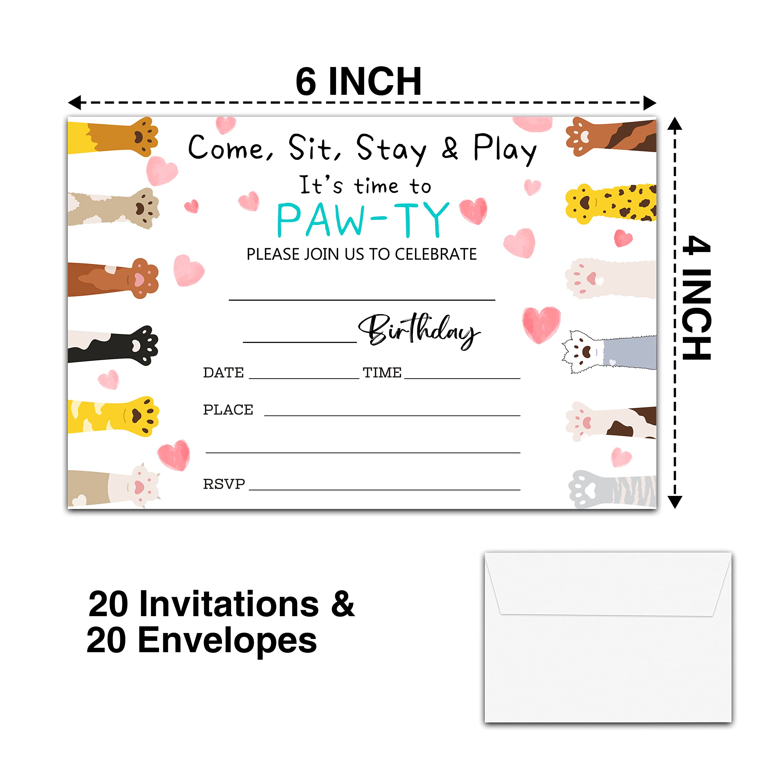 YSTEP Cat Birthday Party Invitations, 20 Invite Cards with Envelopes, 4"x6" Cat Kitty Pawty Birthday Party Invites - A27