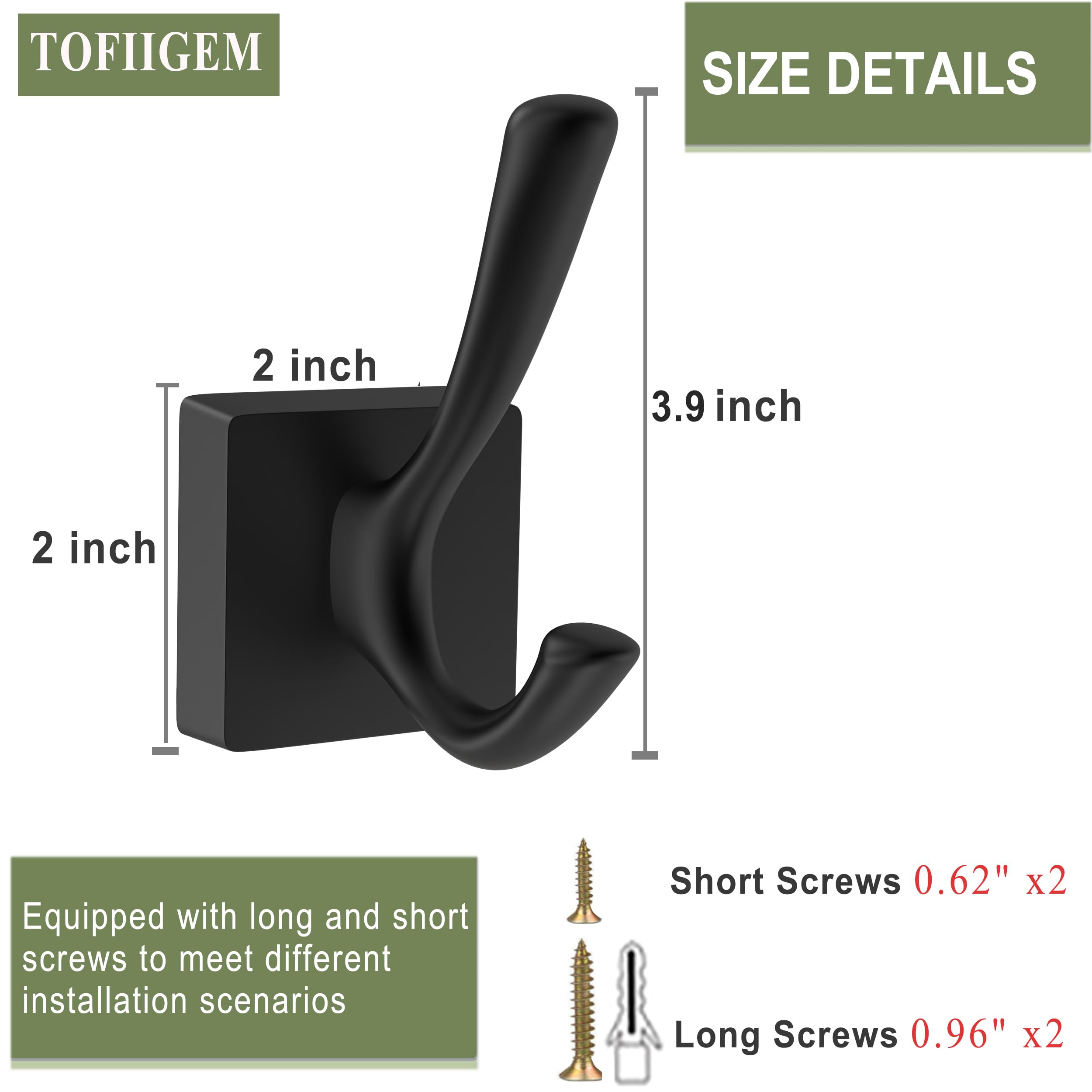 TOFIIGREM Black Wall Hooks Coat Hooks, Mudroom Hooks Bathroom Hallway Hooks for Hanging Clothes Robe Towel Backpack, Heavy Duty Decorative Hooks Modern Double Towel Hooks (4 Pack, Black)