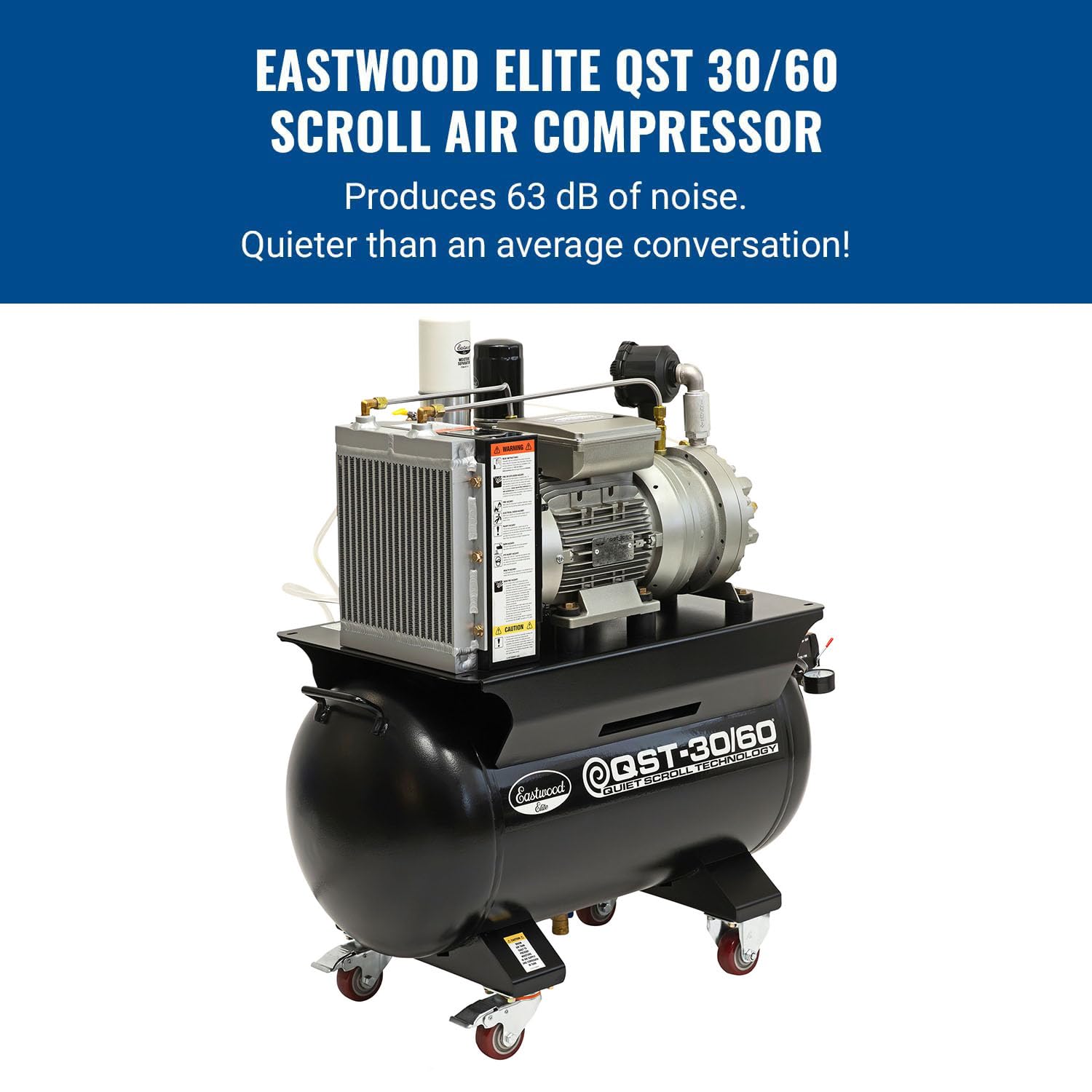 Eastwood Elite QST 30/60 Scroll Air Compressor | Quiet Powerful Portable Shop Air Compressor Technology | High Performance Air Pump 12.7 cfm @ 90 psi | 4 HP 100% duty cycle | Automatic Moisture Drain