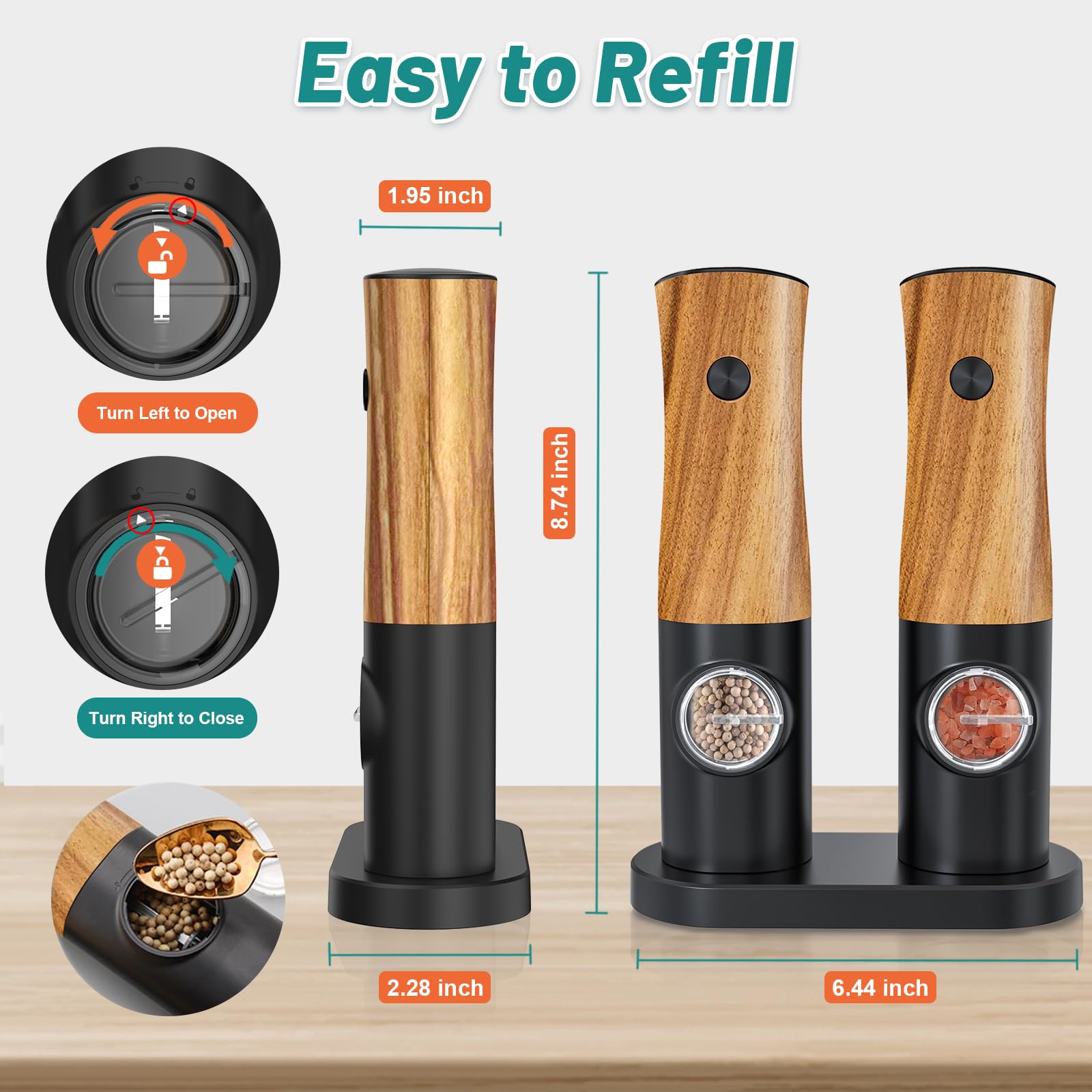 Electric Salt and Pepper Grinder Set - Salt and Pepper Shakers Set Automatic Battery Powered Salt Grinder with Auto Light Adjustable For Gravity Operated Black and Wood Pepper Mill