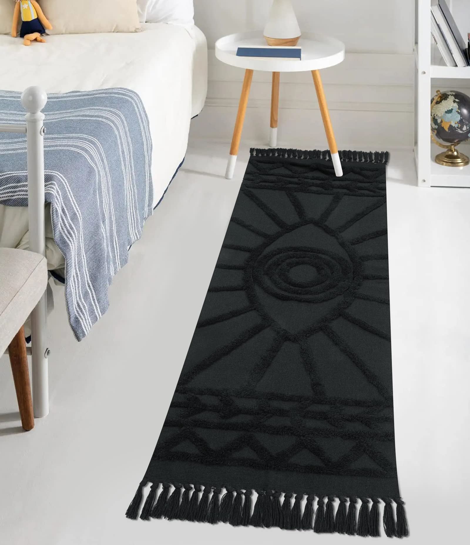 Uphome Hallway Runner Rug 2'x6' Washable Evil Eye Tufted Boho Rug with Tassels Soft Cotton Woven Kitchen Rugs Farmhouse Aesthetic Dark Gray Accent Rug for Living Room Laundry Room Bedroom