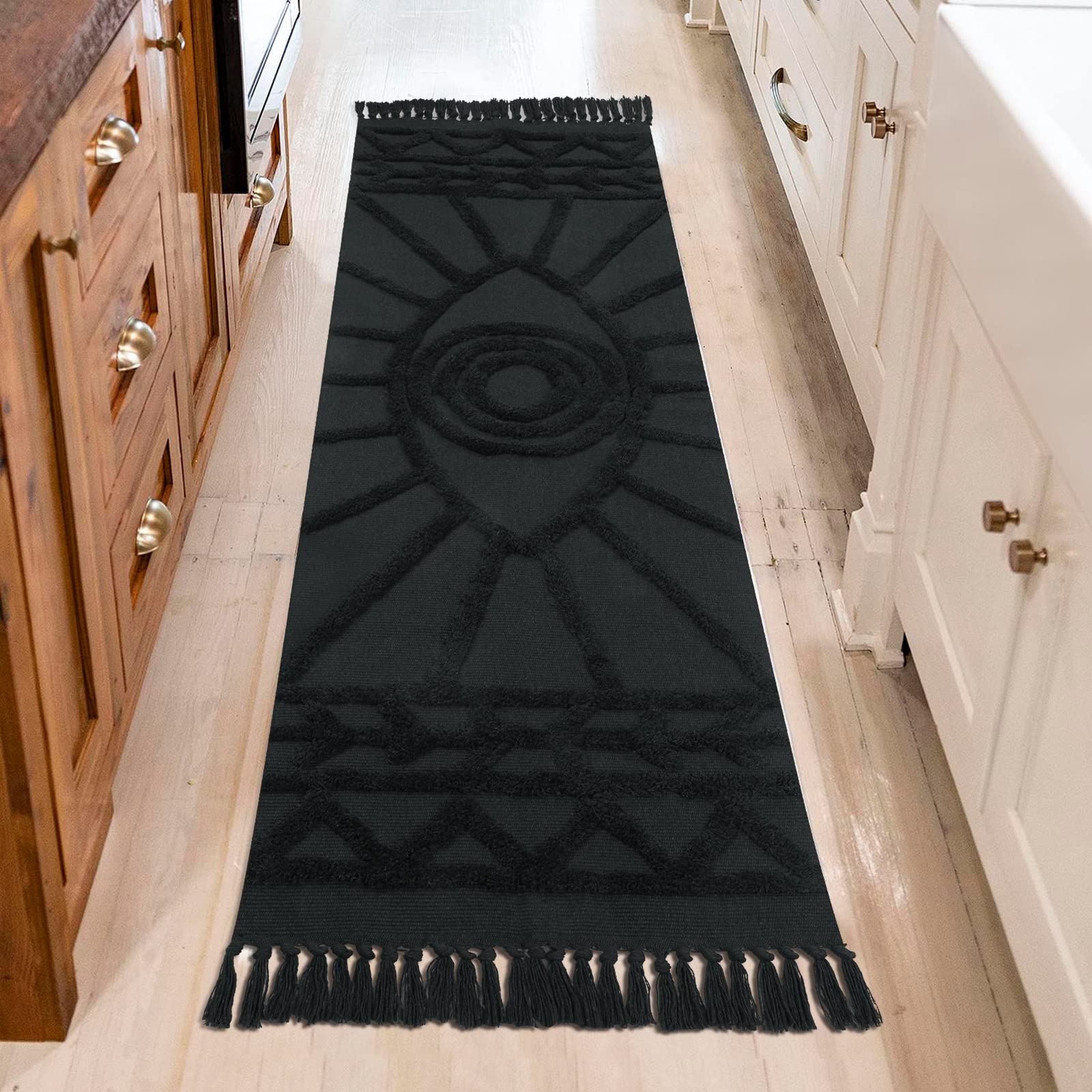 Uphome Hallway Runner Rug 2'x6' Washable Evil Eye Tufted Boho Rug with Tassels Soft Cotton Woven Kitchen Rugs Farmhouse Aesthetic Dark Gray Accent Rug for Living Room Laundry Room Bedroom