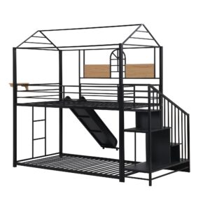 Bellemave House Bunk Bed with Slide and Stairs Twin Over Twin Floor Bunk Bed Frame Metal Playhouse Bunked with Storage Shelves for Kids Boys Girls Teens, Black with MDF