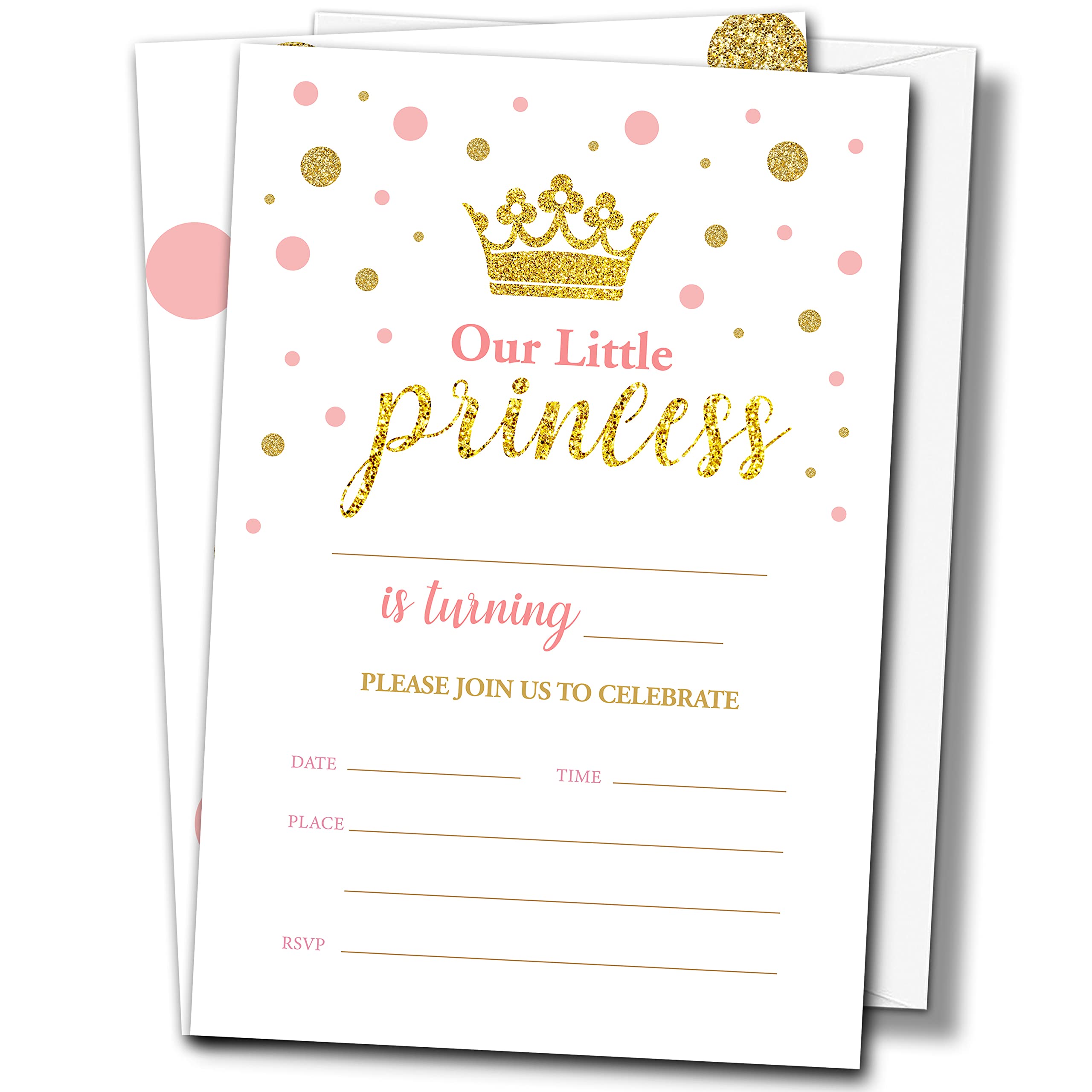 Buildinest Princess Birthday Party Invitations with Envelopes (20-Pack), 4"x6" Pink and Gold Birthday Invitation Cards, Fill-in Style Party Invites-B11