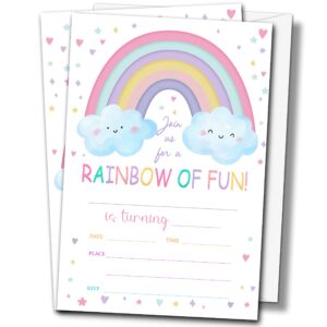 buildinest rainbow birthday party invitations with envelopes (20-pack), 4"x6" rainbow cloud heart birthday invitation cards, rainbow of fun party invites-b31