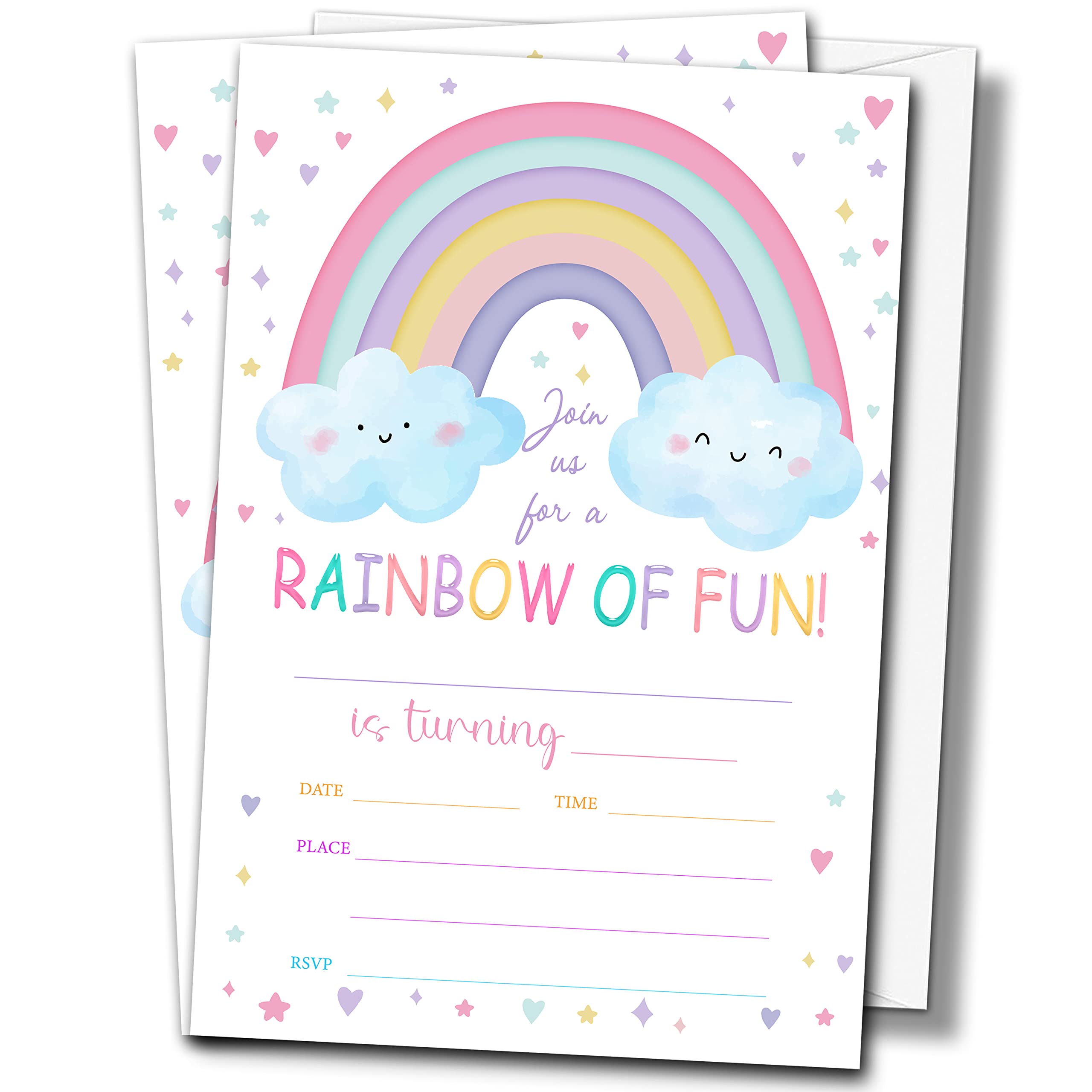 Buildinest Rainbow Birthday Party Invitations with Envelopes (20-Pack), 4"x6" Rainbow Cloud Heart Birthday Invitation Cards, Rainbow of Fun Party Invites-B31