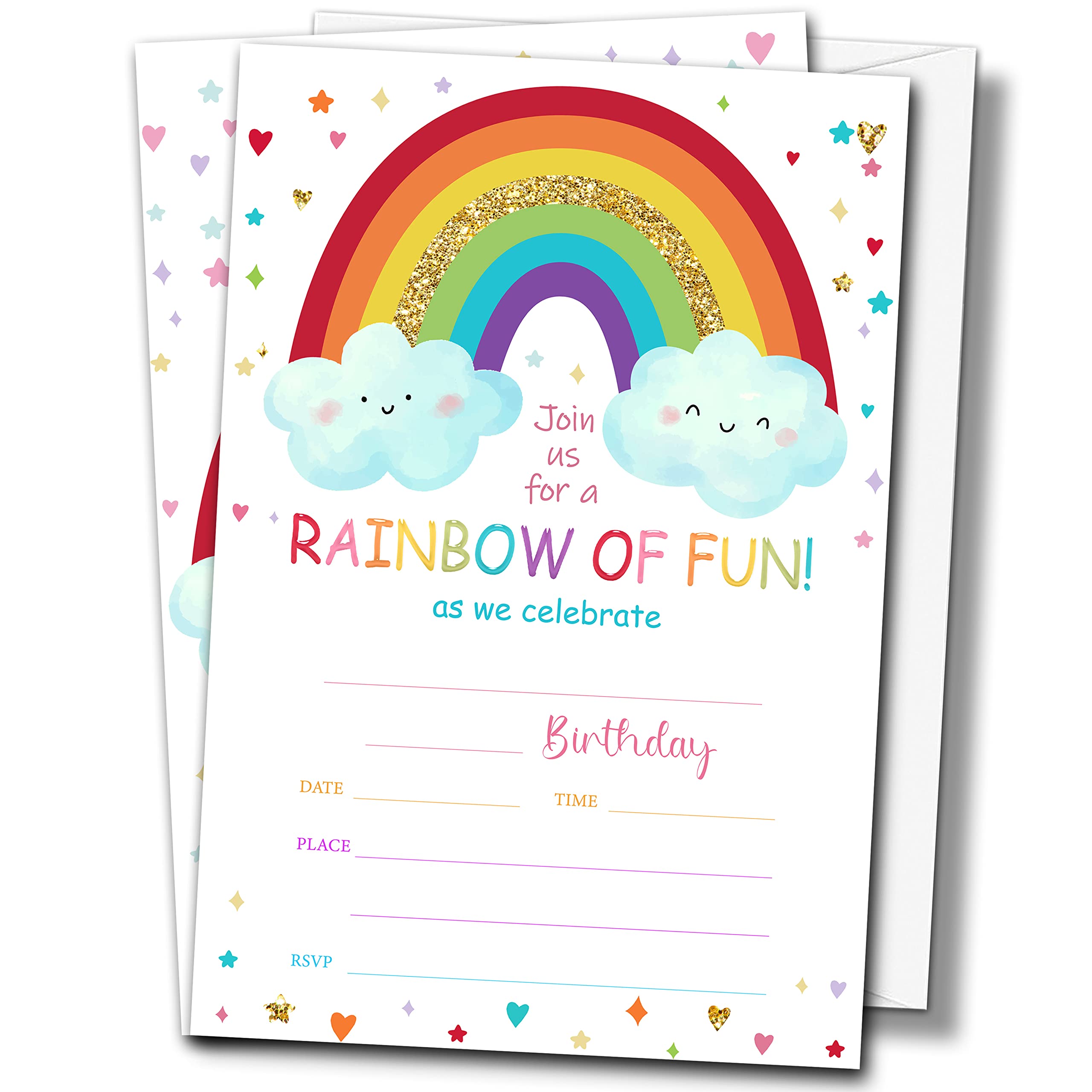 Buildinest Rainbow Birthday Party Invitations with Envelopes (20-Pack), 4"x6" Rainbow Cloud Heart Birthday Invitation Cards, Rainbow of Fun Party Invites-B36