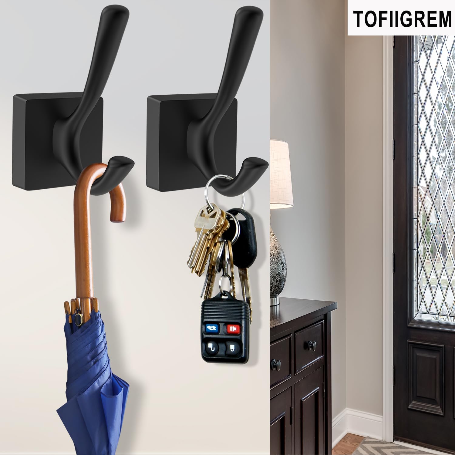 TOFIIGREM Black Wall Hooks Coat Hooks, Mudroom Hooks Bathroom Hallway Hooks for Hanging Clothes Robe Towel Backpack, Heavy Duty Decorative Hooks Modern Double Towel Hooks (4 Pack, Black)