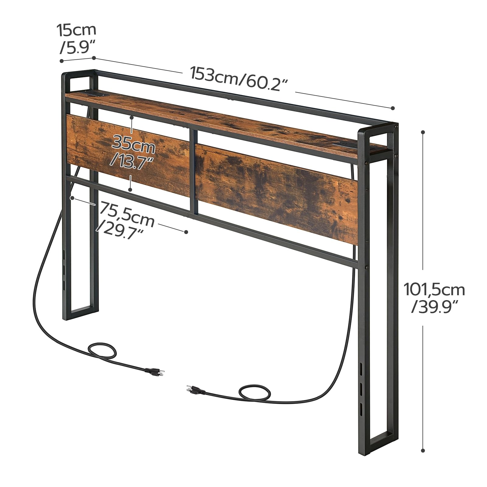 HOOBRO Headboard Queen Size, Headboard with 2 Outlets and 4 USB Ports, Adjustable Height, Storage Rack, Sturdy and Stable, Easy Assembly, Rustic Brown and Black