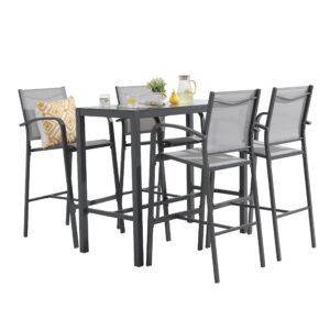 oc orange-casual 5-piece patio bar set, all-weather aluminum textile fabric outdoor high top dining table and chairs, 4 metal bar height stools with glass top bar table, for porch, garden, dark grey