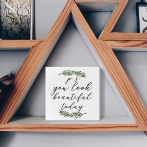 Home Office Desk Wooden Box Sign Decor, You Look Beautiful Today, Inspirational Quotes Desk Decor Motivational Desk Decorations for Women Girls Teens Student Office Classroom School