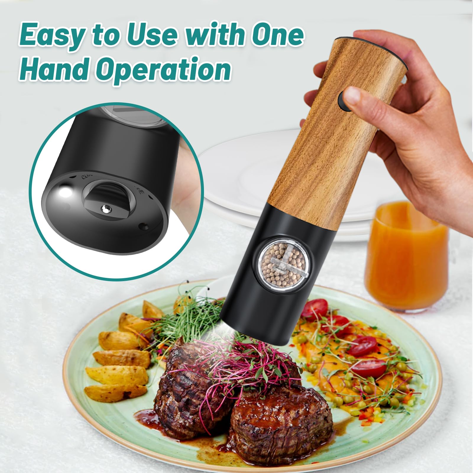 Electric Salt and Pepper Grinder Set - Salt and Pepper Shakers Set Automatic Battery Powered Salt Grinder with Auto Light Adjustable For Gravity Operated Black and Wood Pepper Mill