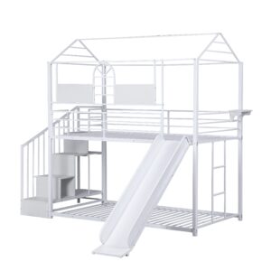 Bellemave House Bunk Bed with Slide and Stairs Twin Over Twin Floor Bunk Bed Frame Metal Playhouse Bunked with Storage Shelves for Kids Boys Girls Teens, White