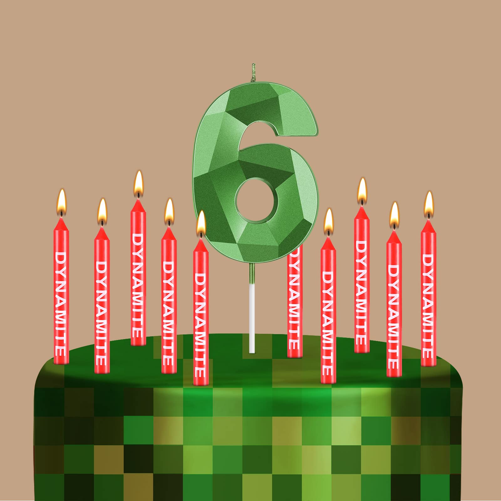 13 Pcs Dynamite Candles TNT Themed Birthday Cake Candles 3D Design Green Number Candles TNT Cake Toppers for Kids Adults Wedding Baby Shower Birthday Video Game Party Supplies (Number 6)