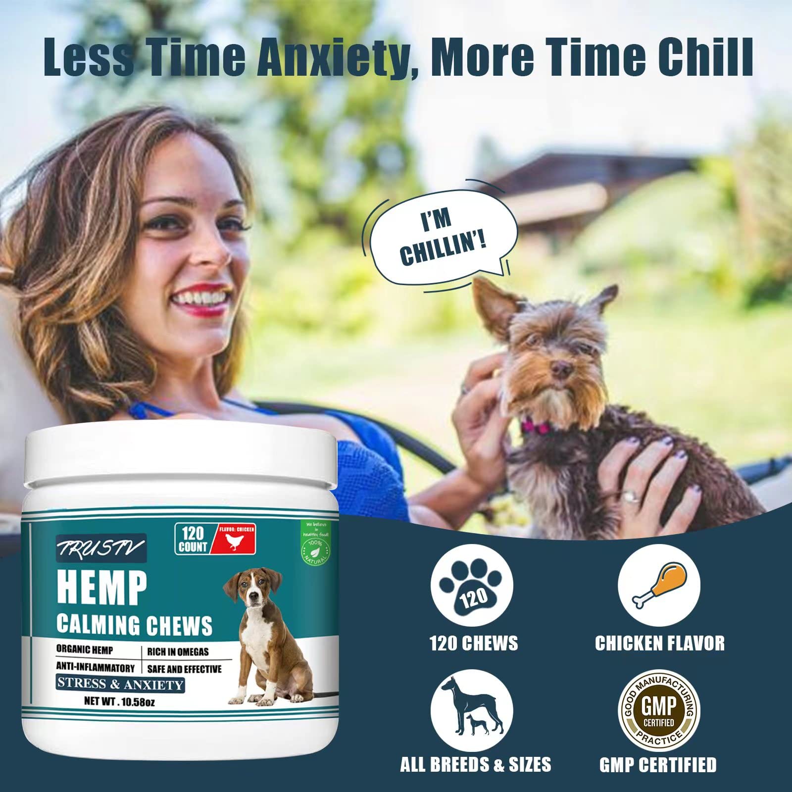 Hemp Calming Chews for Dogs - All-Natural Soothing Snacks for Stress & Dog Anxiety Relief, Dog Melatonin Calming Treats - Helps Aid with Thunderstorms, Separation, Stress Relief & Barking(120 Chews)