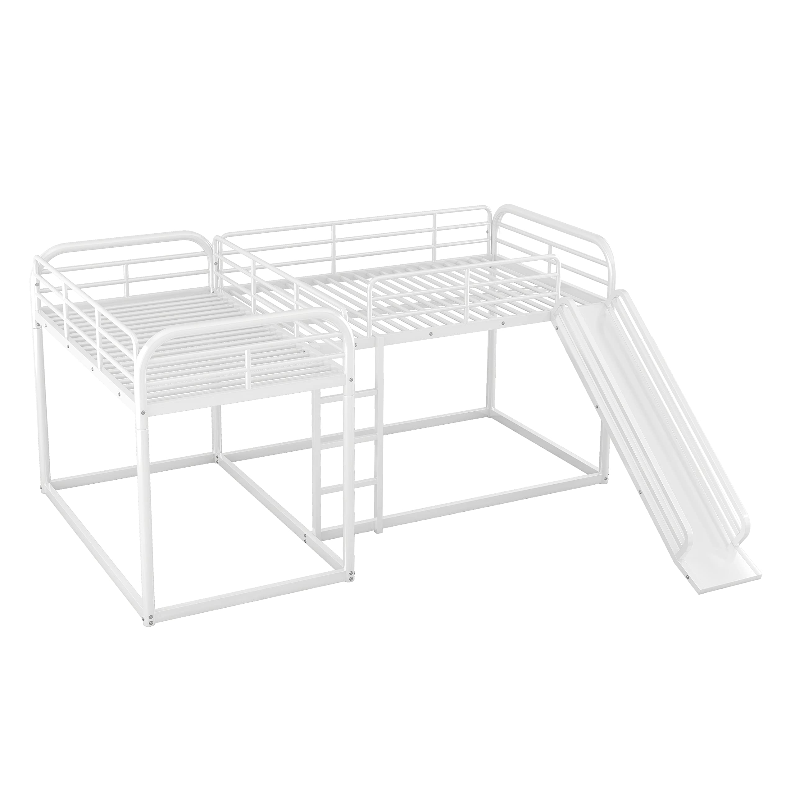 Bellemave Quad Bunk Beds with Slide L-Shape Metal Bunk Bed for 4 Twin Over Twin Attach with Full Over Full Bunked Modern Floor Corner Bunked for Multi-Kids Boys Girls Teens, White