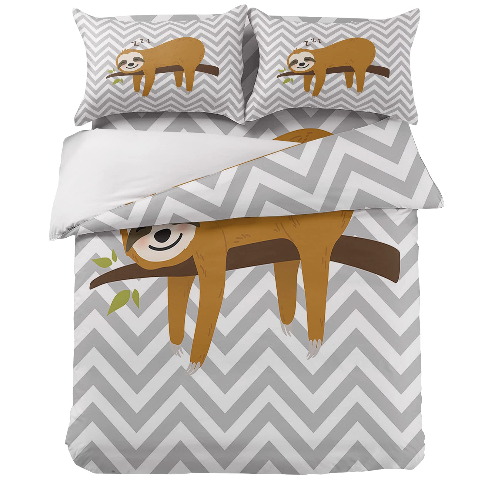 4 Pieces Duvet Cover California King Bedding Sets Cute Sloth on Branch for Bedroom Decor,Ultra Soft Luxury Comforter Cover Set with Bed Sheet and Pillow Shams Geometric Gray White Chevron Stripes