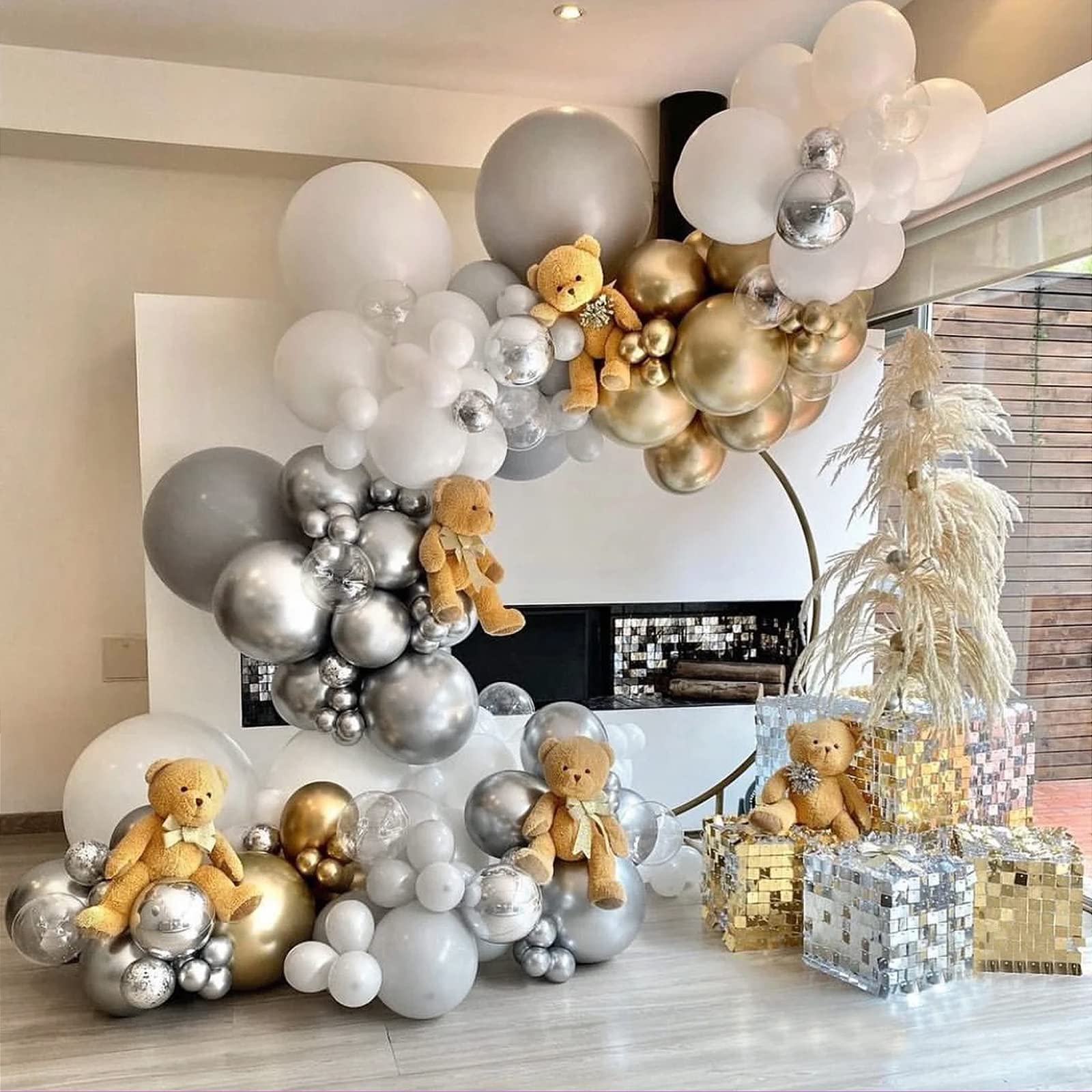 FOTIOMRG 110pcs Metallic Silver Balloon Garland Arch Kit, 18 12 10 5 inch Chrome Silver Latex Balloons Different Sizes Pack for Birthday Graduation Baby Shower Disco Wedding Party Decorations