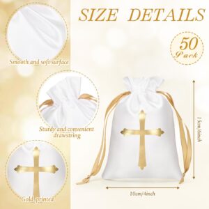 PerKoop 50 Pcs Baptism Satin Gift Bags with Drawstring 4 x 6 Inch Religious Party Favor Candy Bags Cross Gift Bag Jewelry Pouches for Christmas Baptism First Communion(White)