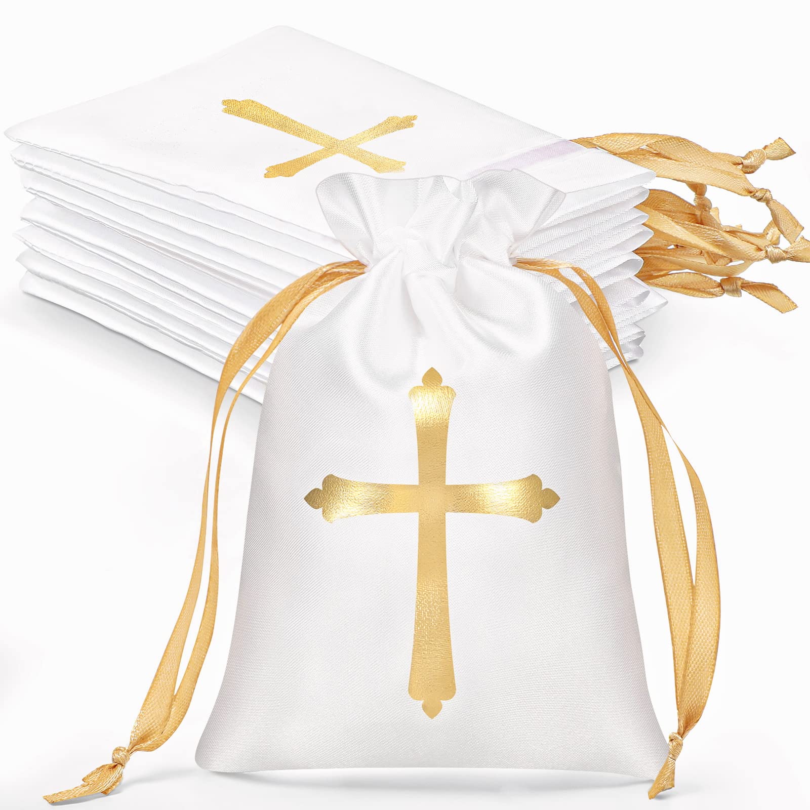 PerKoop 50 Pcs Baptism Satin Gift Bags with Drawstring 4 x 6 Inch Religious Party Favor Candy Bags Cross Gift Bag Jewelry Pouches for Christmas Baptism First Communion(White)