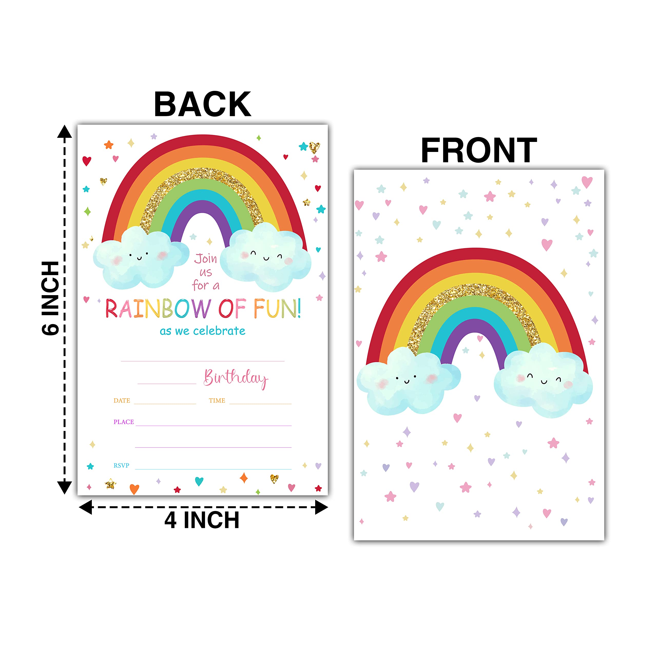 Buildinest Rainbow Birthday Party Invitations with Envelopes (20-Pack), 4"x6" Rainbow Cloud Heart Birthday Invitation Cards, Rainbow of Fun Party Invites-B36