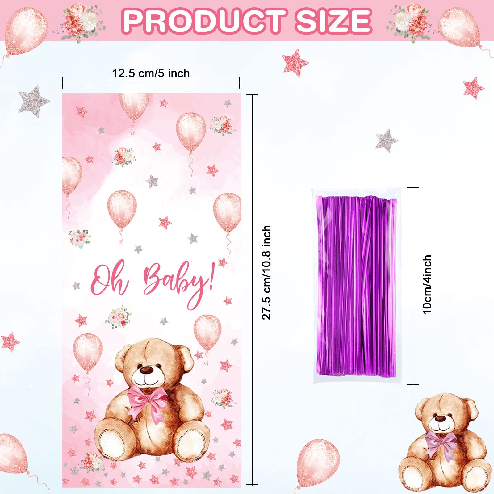 Pajean 100 Pack Bear Baby Shower Treat Bags Bear Cellophane Candy Bag Bulk Plastic Goodie Gift Bags with Metallic Twist Ties for Gender Reveal Birthday Party Favors (Pink)