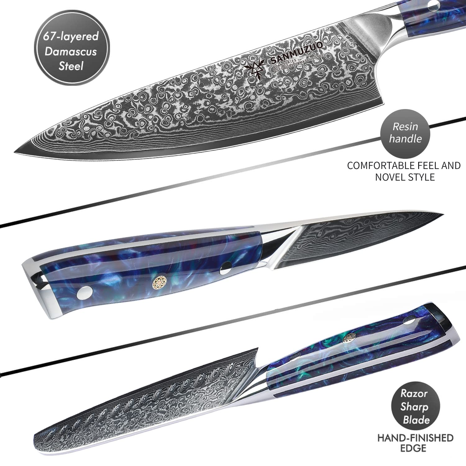 SANMUZUO Chef Cooking Knives Set- Kitchen Knife Set of 5 Piece - Ultra-Sharp VG10 Damascus Steel & Resin Handle - Xuan Series (Sapphire Blue)