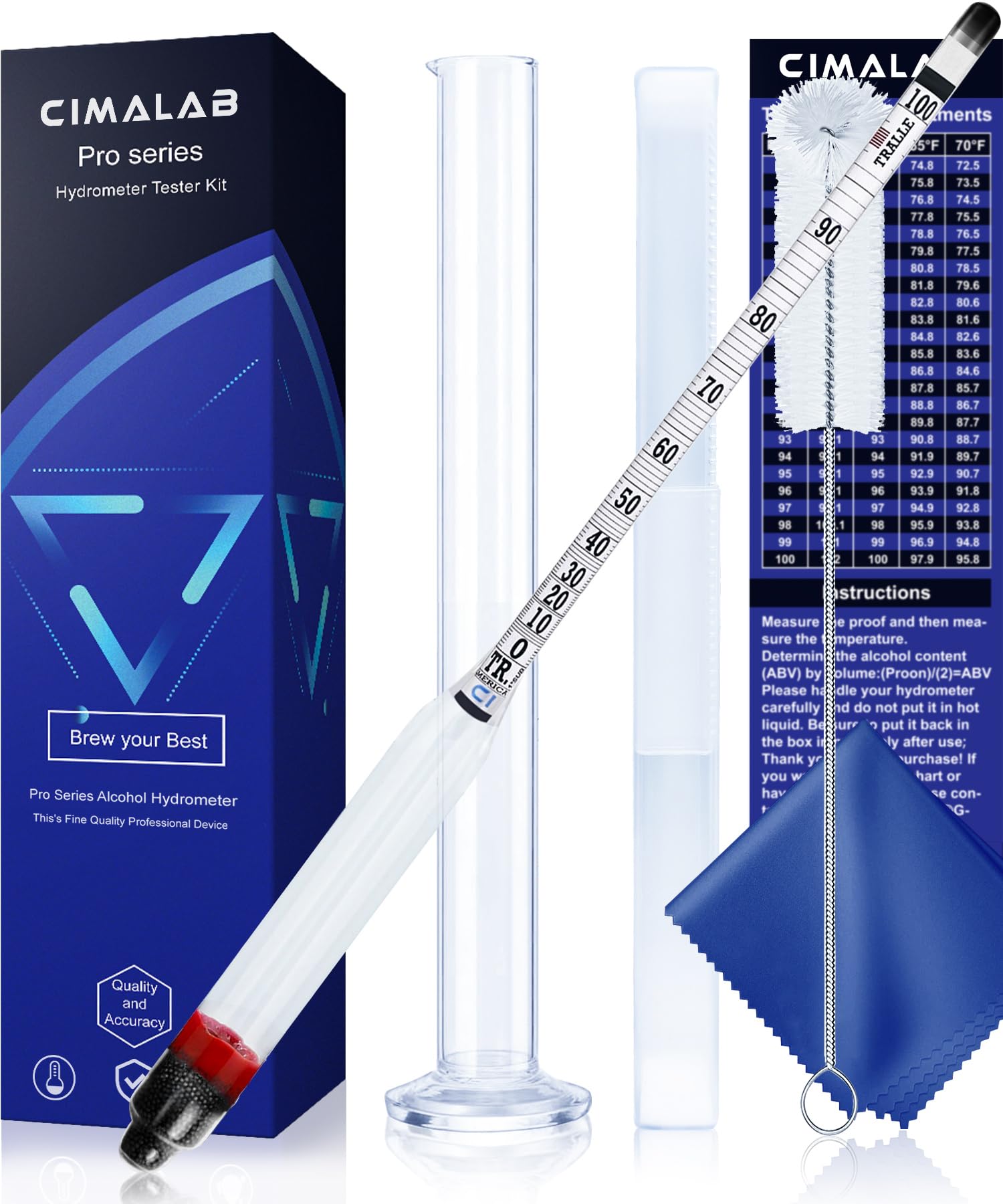 Cimalab Hydrometer Alcohol Meter Kit, Hydrometer Alcohol 0-200 Proof & Tralle with Hydrometer Test Jar, Alcohol Proof Tester Hydrometer, Alcohol Tester for Liquor/Moonshine/Spirits/Proofing/Distilled