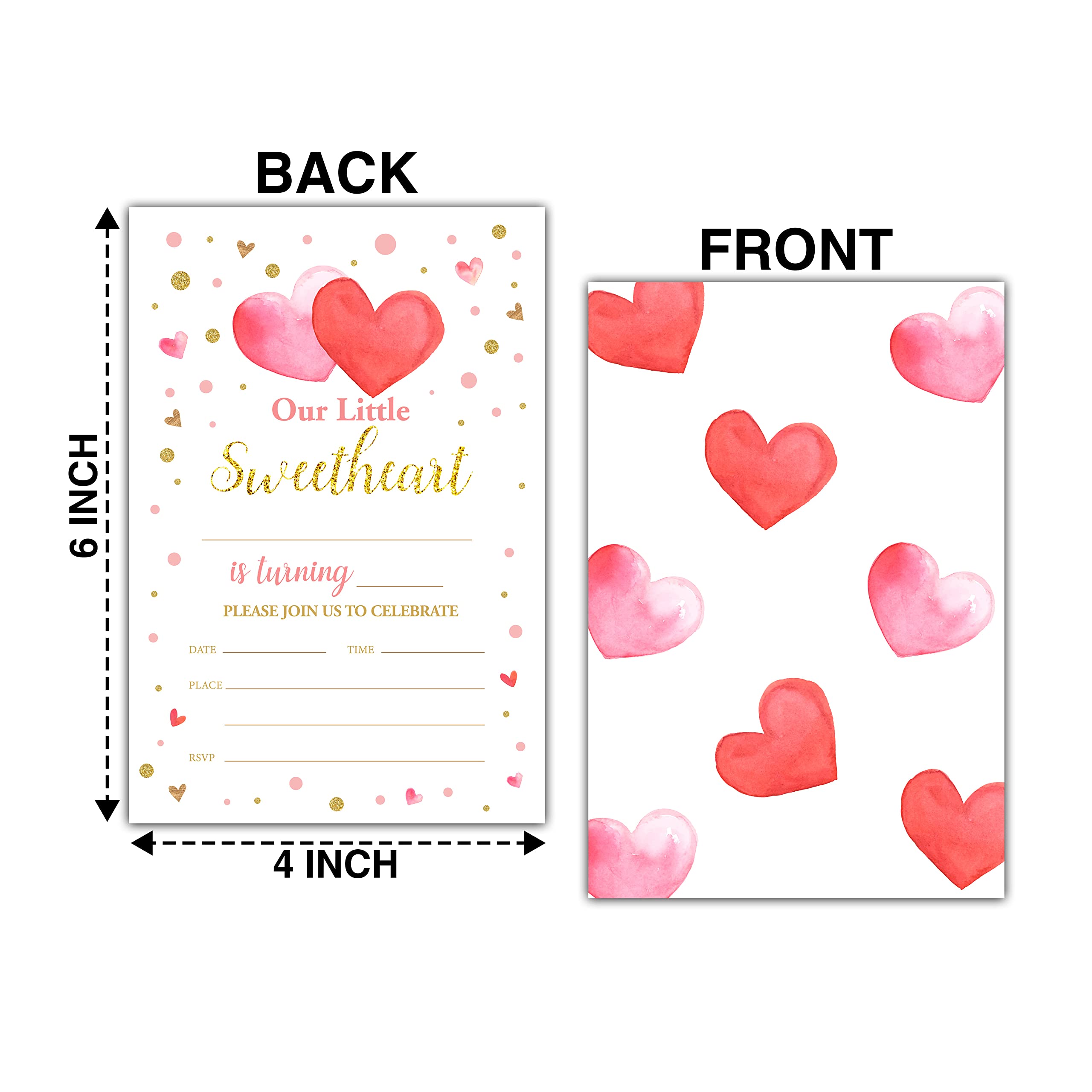 Buildinest Sweetheart Birthday Party Invitations with Envelopes (20-Pack), 4"x6" Pink Red Watercolor Hearts Birthday Invitation Cards, Fill-in Style Party Invites-B12