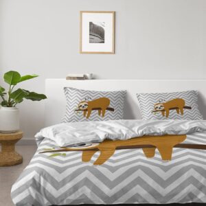 4 Pieces Duvet Cover California King Bedding Sets Cute Sloth on Branch for Bedroom Decor,Ultra Soft Luxury Comforter Cover Set with Bed Sheet and Pillow Shams Geometric Gray White Chevron Stripes